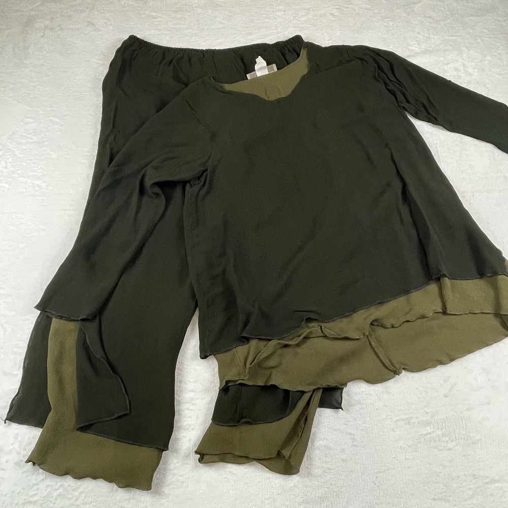 Dinah Lee Womens 1X Rayon Georgette 2 Piece Pant Set Olive Green Black Lagenlook
